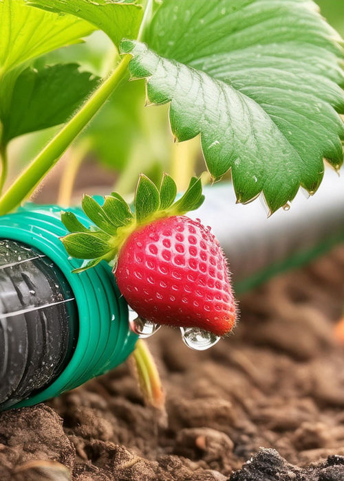 Firefly drip irrigation system close up with strawberries and water drops 12427.jpg